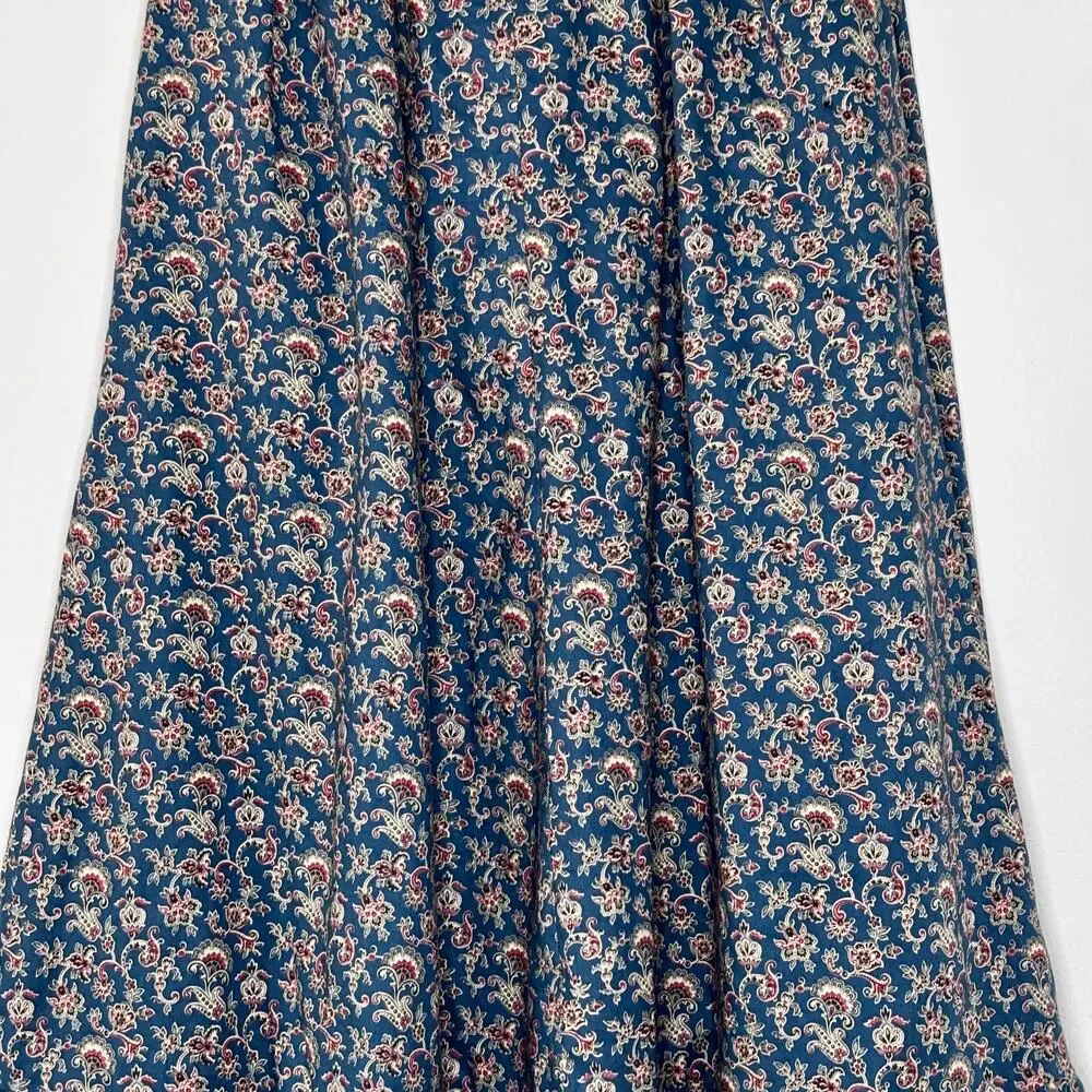 Vintage 1970s Handmade Blue Paisley Chore Skirt Apron Ruffle Pockets Large